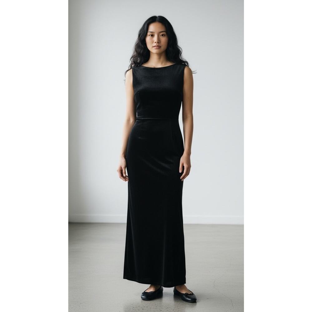 VINTAGE Carole Little SLEEK Long Black Dress Faux Velvet Size 10